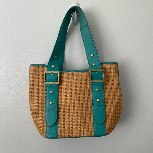 Kate Landry straw and teal leather tote bag - Picture 9 of 9